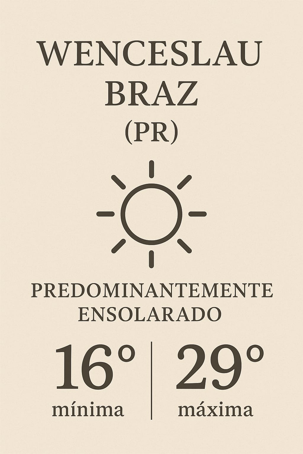 Previsão do tempo para hoje em Wenceslau Braz (PR): Sol, calor e céu limpo marcam o dia / Fonte: Portal NP